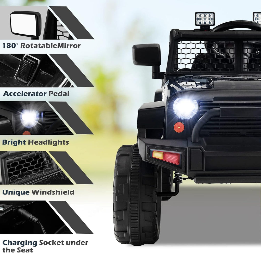 Costzon Ride on Car, 12V Battery Powered Truck Vehicle with Remote Control, Spring Suspension, Headlights, Music, Horn, MP3, USB & Aux Port, Gift for Boys Girls, Electric Car for Kids (Black)