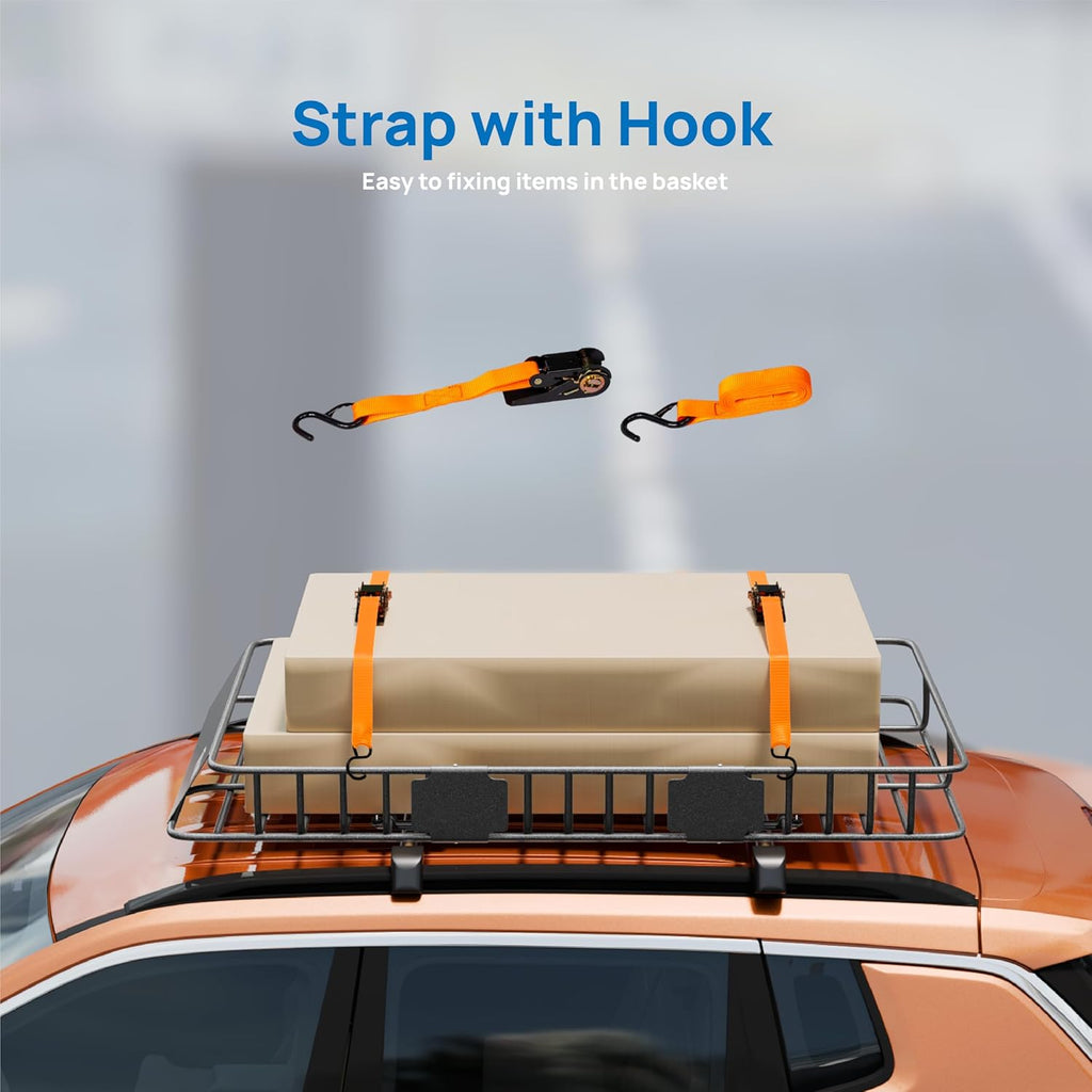 TUFFIOM 64"x 39"x 6" Universal Rooftop Cargo Carrier Basket, Extendable Steel Roof Rack Basket w/Straps with Hook, Heavy Duty Car Top Rack Luggage Holder Carrier Basket for SUV Car Truck Van