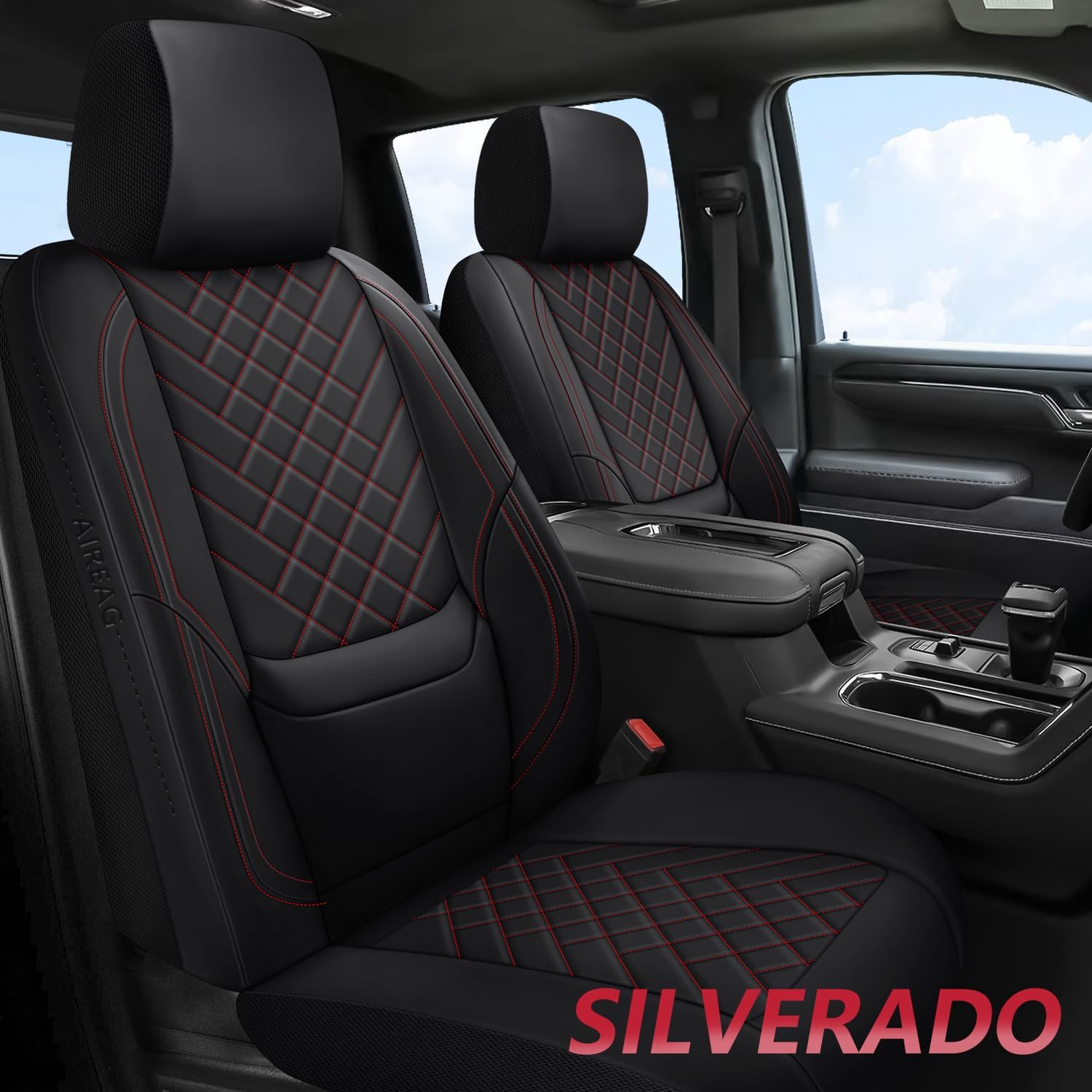 BABYBLU Chevy Chevrolet Silverado GMC Sierra Car Seat Covers Fit 2007-2023 2024 2025 1500/2500HD/3500HD (Black & Red, Full Set)