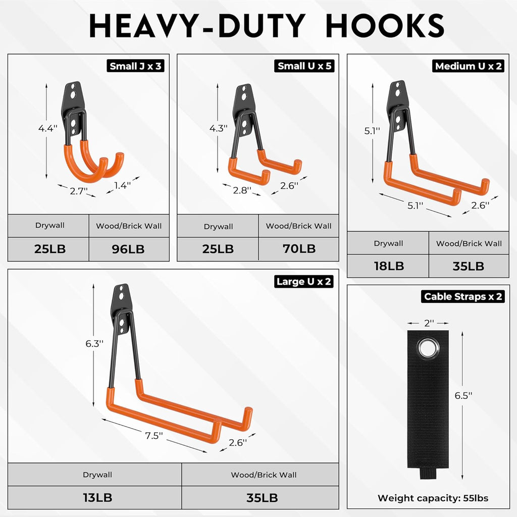 BONTEC Heavy Duty Garage Hooks, Anti-Slip Coated Black Steel with Strong Load Capacity, Multi-Sized U and J Hooks, Easy Wall Mount for Garage, Garden, Workshop (Orange, 14 Pack)