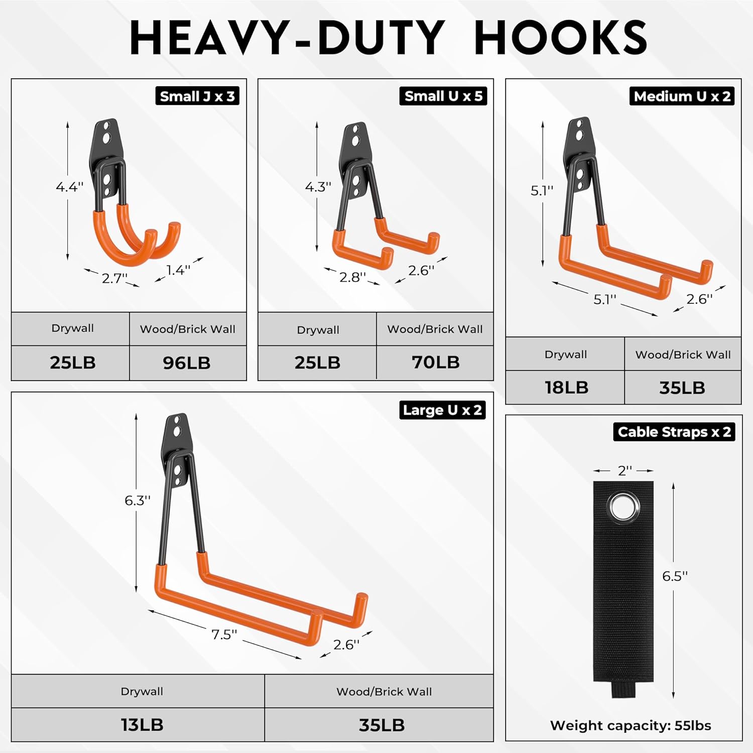 BONTEC Heavy Duty Garage Hooks, Anti-Slip Coated Black Steel with Strong Load Capacity, Multi-Sized U and J Hooks, Easy Wall Mount for Garage, Garden, Workshop (Orange, 14 Pack)