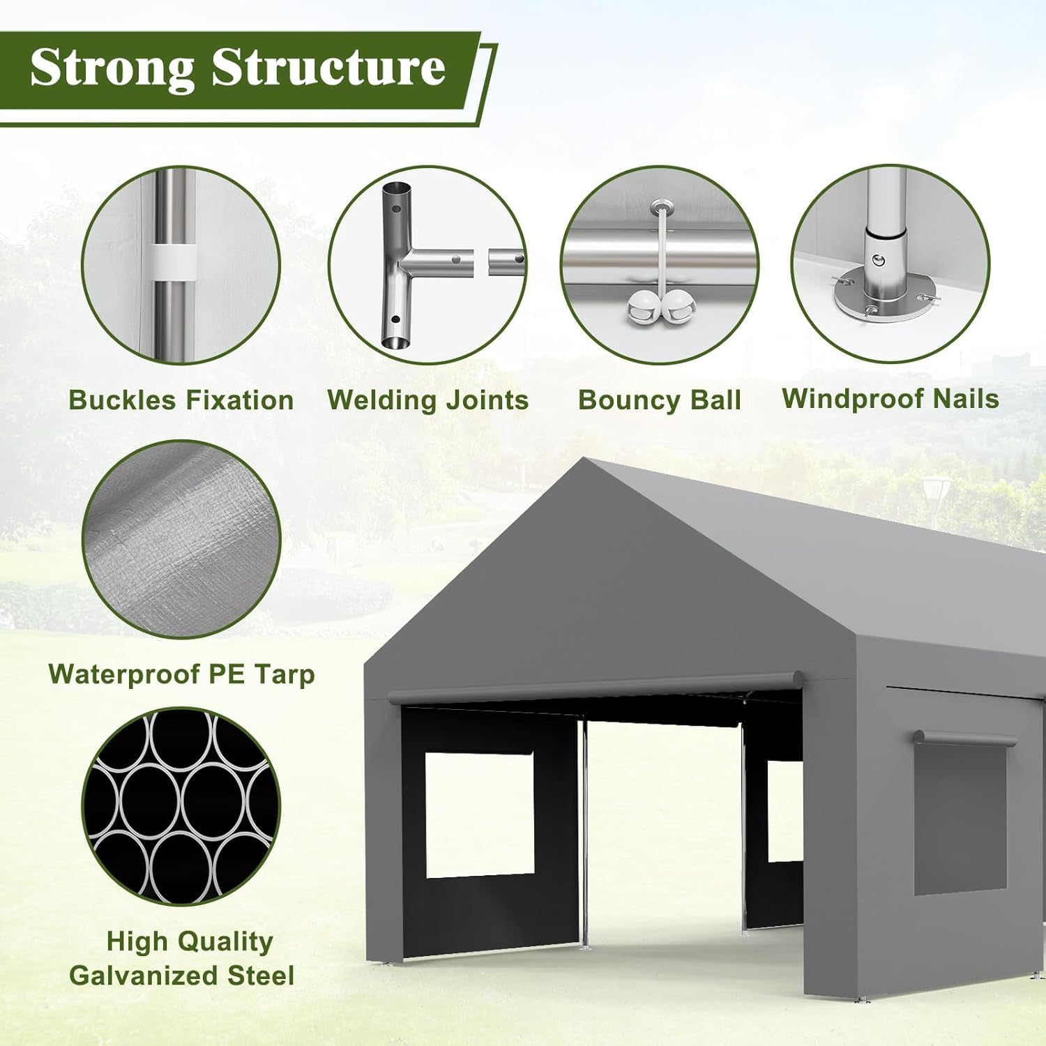 Heavy Duty Carport 13x20 FT Oversized Portable Garage with 4 Doors & 4 Windows, Reinforced Frame, All Weather Protection Outdoor Shelter Canopy for Cars, Boats, Trucks, BBQ and Gatherings (Gray)