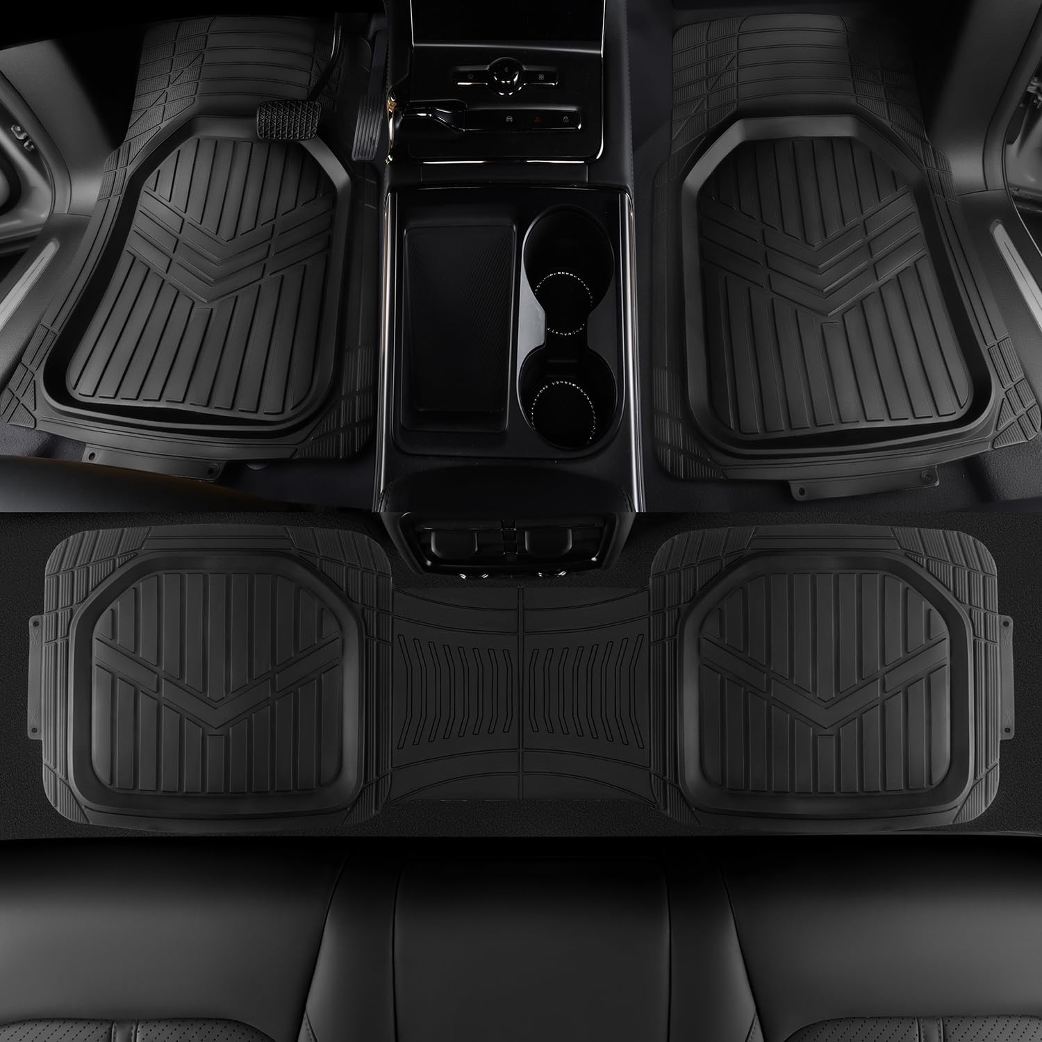 Amazon Basics 4-Piece Heavy Duty PVC Floor Mats with Cargo Liner and Rear, Waterproof Trim To Fit Car Mats, Black