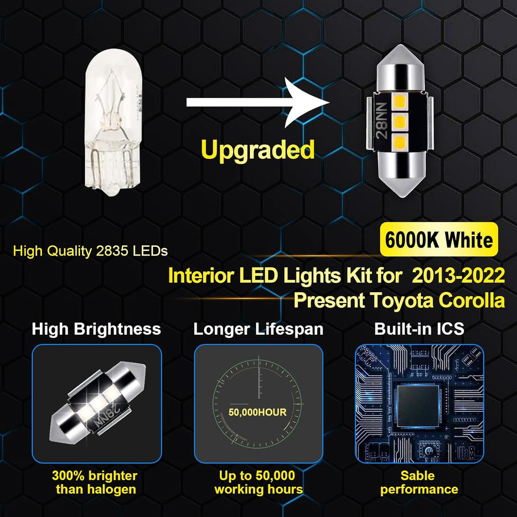 EASY EAGLE LED Interior Car Lights for Toyota-Corolla-2013-2022: 6 Piece Kit White LED Light Bulbs - Super Bright 6000K + Install Tool