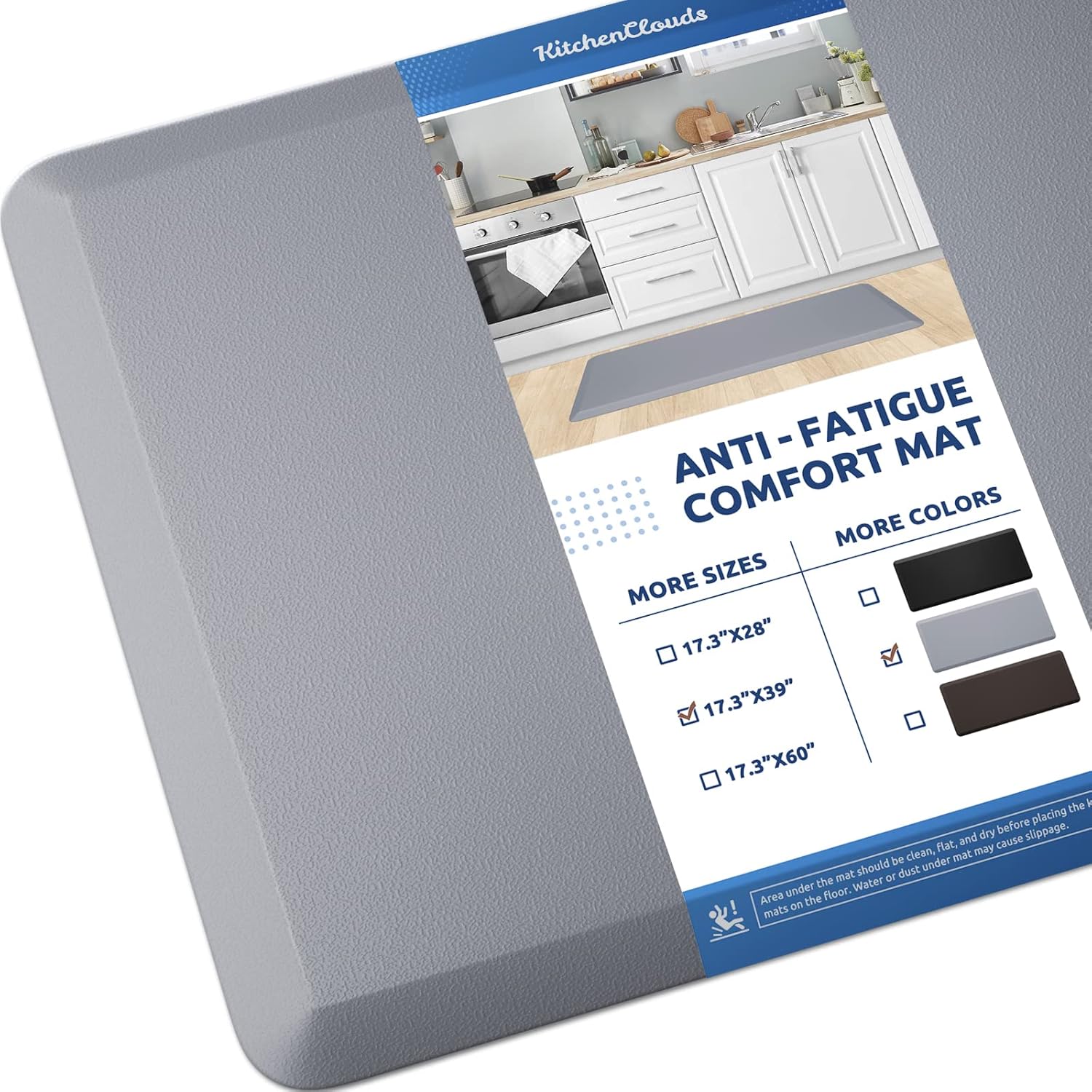 KitchenClouds Kitchen Mat Cushioned Anti Fatigue Kitchen Rug 17.3"x39" Waterproof Non Slip Kitchen Rugs and Mats Standing Desk Mat Comfort Floor Mats for Kitchen House Sink Office (Grey)