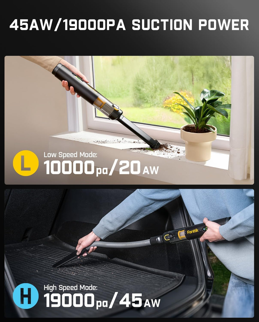 Fanttik Slim V10 APEX Cordless Car Vacuum, 4-in-1 Portable Mini Handheld Vacuum, 19000pa Suction Power, Upgraded Smart Digital Display, 2 Suction Modes for Car, Office Desk, Keyboards (Black)