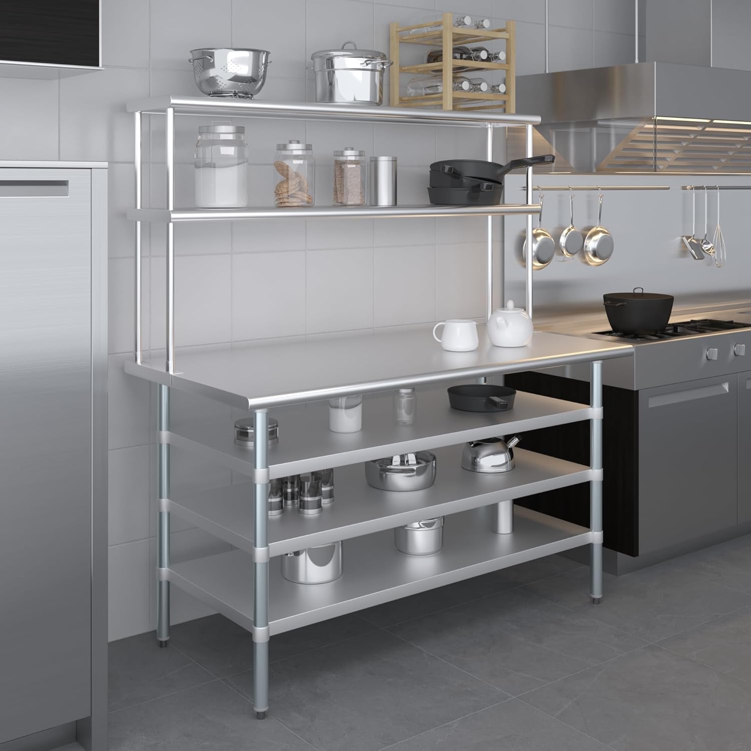 Amgood 30" x 60" Stainless Steel Work Table with 3 Shelves and 12" Wide Double Tier Overshelf | Metal Kitchen Prep Table & Shelving Combo | NSF