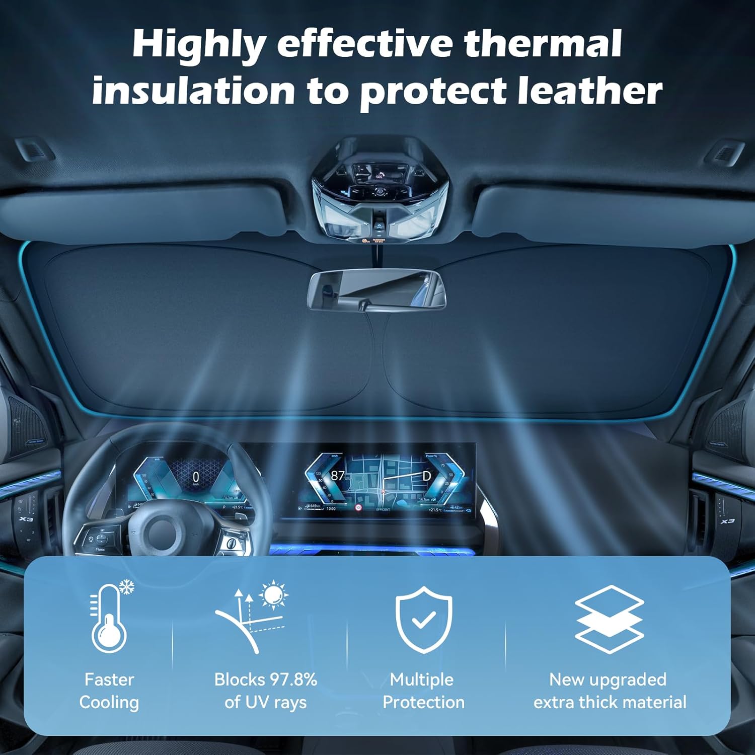 Car Windshield Sun Shade, 300T Thickened Car Window Shades Heat Reflective Interior Cool, Universal Fit for Most Cars SUVs Trucks, Foldable & Portable Design (L (57" × 31"))