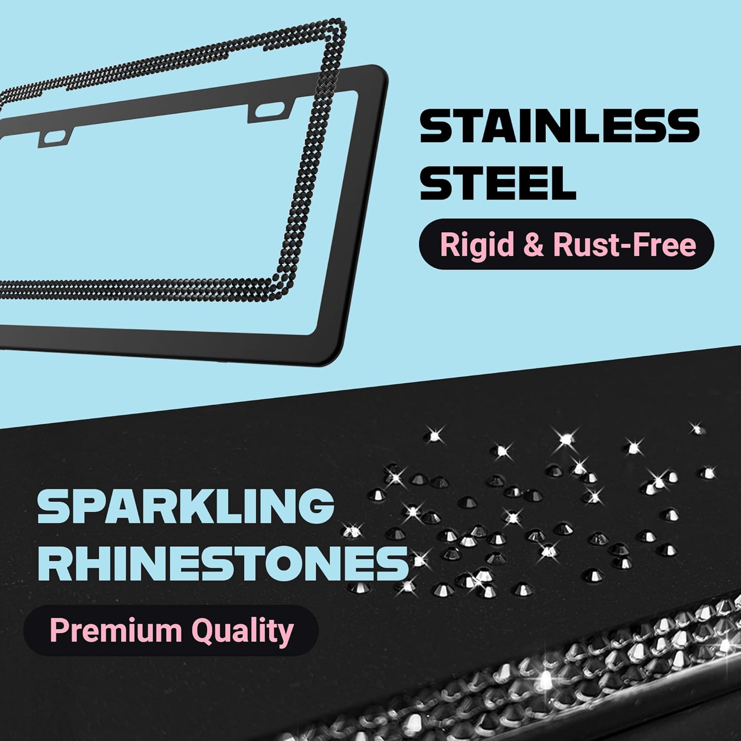 Elegant Bling License Plate Frames for Women - 2 Pack, 1600 Premium Black Rhinestones, Rust-Free Stainless Steel, Street Legal Slim Design, Sparkly Diamond Car Tag Holders with Glitter Crystal Covers