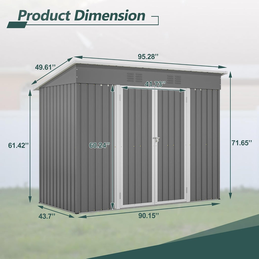 Outdoor Storage Shed, 8 X 4ft Metal Galvanized Steel Garden Shed with Floor Frame, Utility Tool Shed Storage House for Backyard, Patio, Lawn