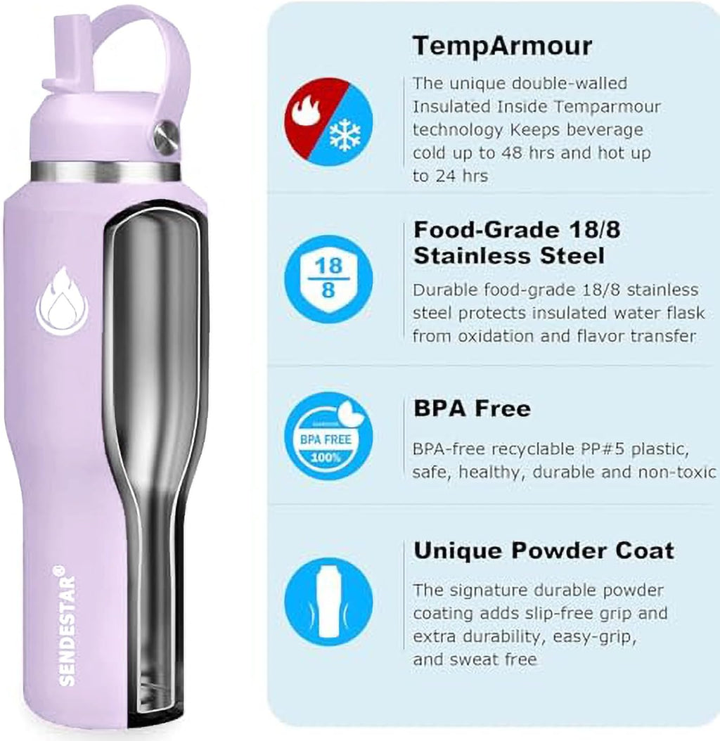 SENDESTAR 40oz Water Bottle Wide Mouth Stainless Steel Vacuum Insulated Double Wall with 2 Straw Lids Fit in Any Car Cup Holder
