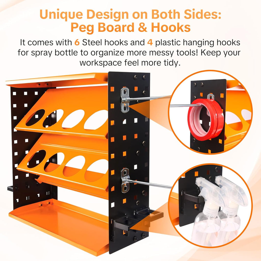 Heavy Duty Metal Spray Can Holder - Wall Mount or Countertop Spray Bottle Lube Can Organizer for Garage & Home & Workshop, Peg Board on Both Sides | 8 Can Holes & 6 Steel Hooks, 5 Plastic Hooks