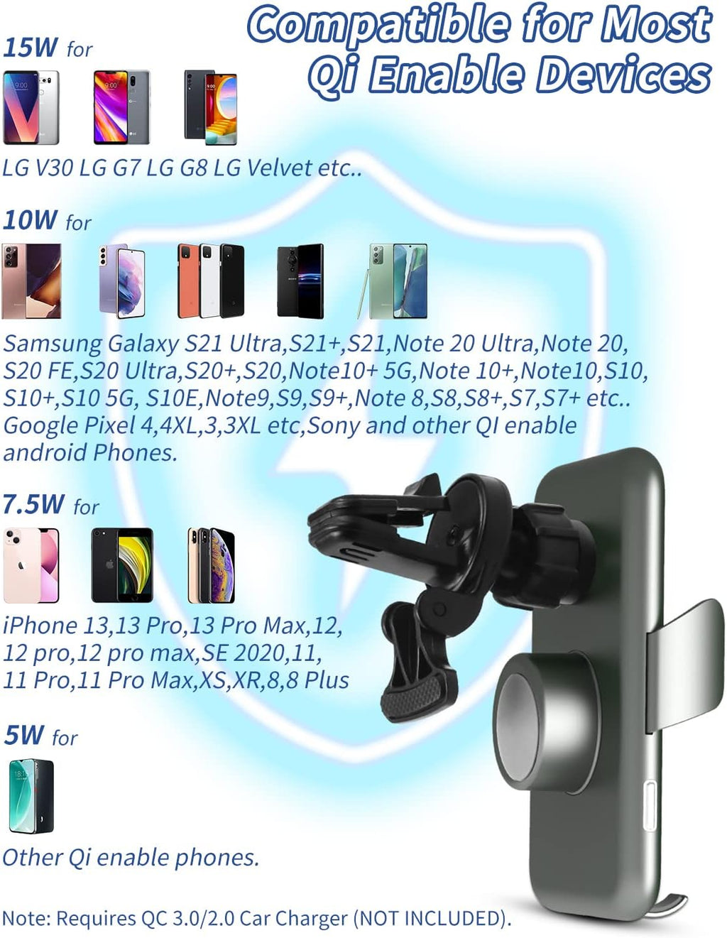 15W Car Mount Charger Qi Fast Wireless Charging Phone Mount, Windshield Dashboard Air Vent Auto Clamping Phone Holder for iPhone 11 12 13 14, 15, 16 Max Xs, Samsung S21 S22, S20, S10+ etc, Google Grey