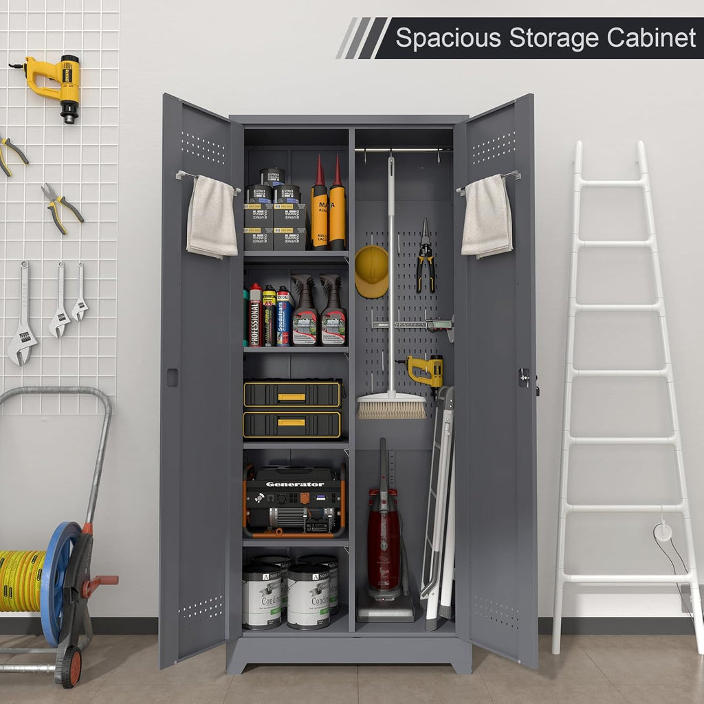 GREATMEET 72.8" Broom Storage Cabinet，Metal Storage Cabinets for Cleaning Supplies with Pegboard, Utility Closet, Broom Mop Cabinet, Grey