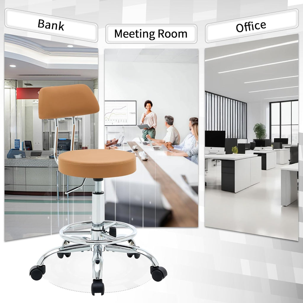 Ergonomic Desk Stool(Sturdy Rolling Stool with Back)(Swivel Armless Office Chair 19.5’’-26.6’’) Adjustable Footrest Salon Chair (Camel Brown)