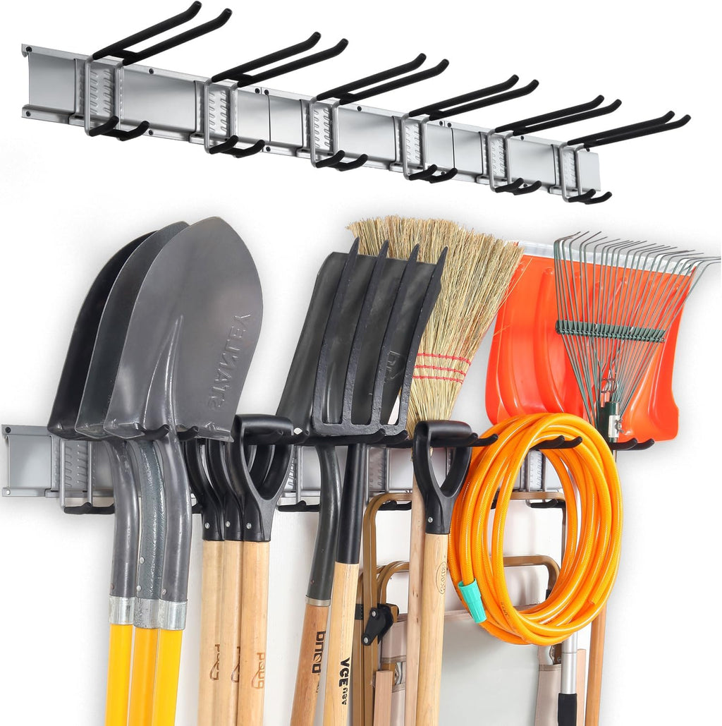 Wall Mount Tool Storage Rack, Heavy Duty Garage Organizer, Garden Hooks and Hangers, Hold Up to 350lbs Grey AK806