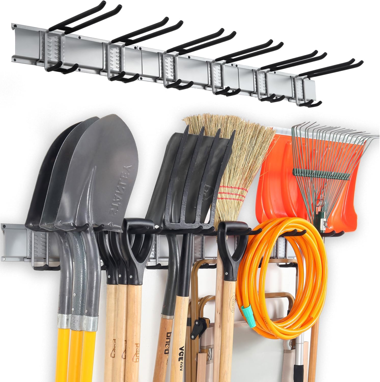 Wall Mount Tool Storage Rack, Heavy Duty Garage Organizer, Garden Hooks and Hangers, Hold Up to 350lbs Grey AK806