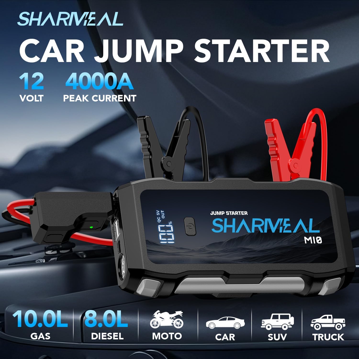 Jump Starter 4000A, 12V Car Battery Jump Starter with USB Quick Charge (Up to 10.0L Gas or 8.0L Diesel Engine), Battery Booster with 3 Modes Flashlight and Jumper Cable