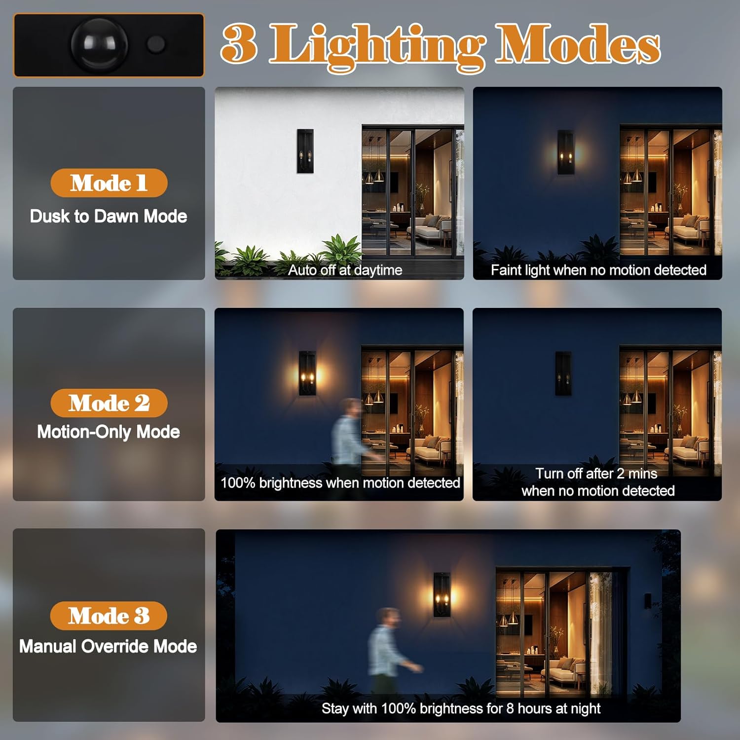 Black Motion Sensor Outdoor Lights 2-Light, 16” Modern Dusk to Dawn Sensor Lights for Outside 2 Pack, Exterior Wall Mount Porch Lanterns Waterproof Outside House Lamps for Garage Yard E12