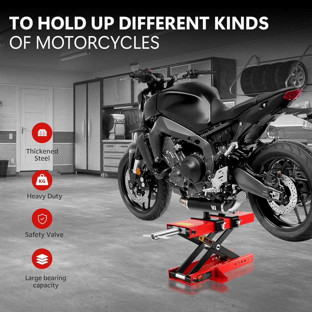 Heavy Duty 1100LBS Motorcycle Scissor Lift Jack with Dolly Wheels, Hand Crank & Non-Slip Platform - Adjustable Bike Lift Stand for Cruiser, Dirt Bike, ATV - Foldable,Garage Repair Equipment