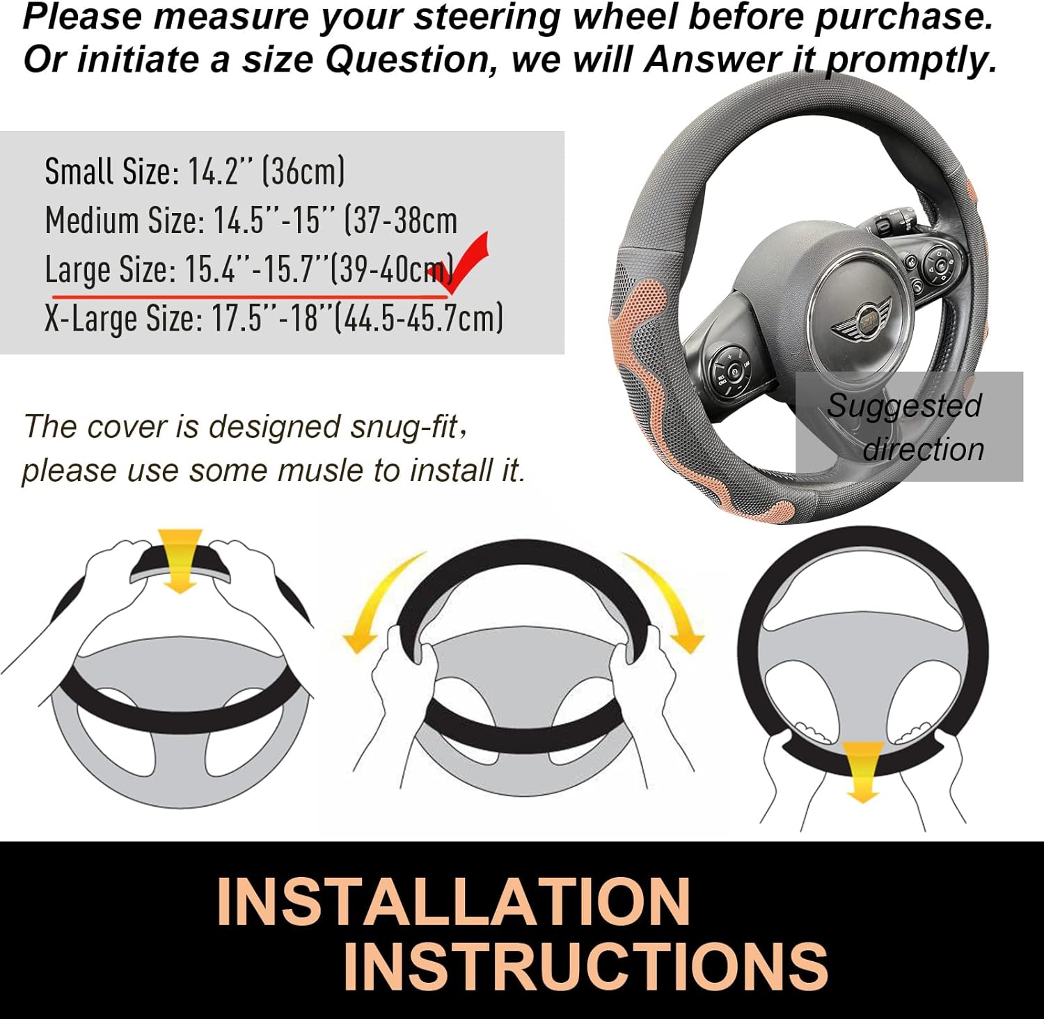 PINCTROT Large Size Comfy Grip Steering Wheel Cover, Anti-Slip Design, 15.5-15.75 Inch(Silicone Brown)