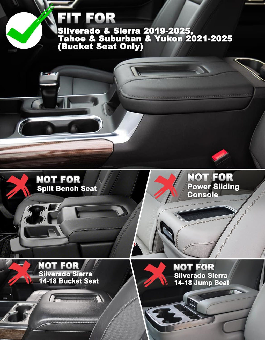 Center Console Cover for Chevy Silverado & GMC Sierra 1500 Accessories 2019-2025, Tahoe & Suburban & Yukon 2021-2025, Vinyl Car Armrest Protector, Floor Console Bucket Seat Only, Anti-Scratch, Black