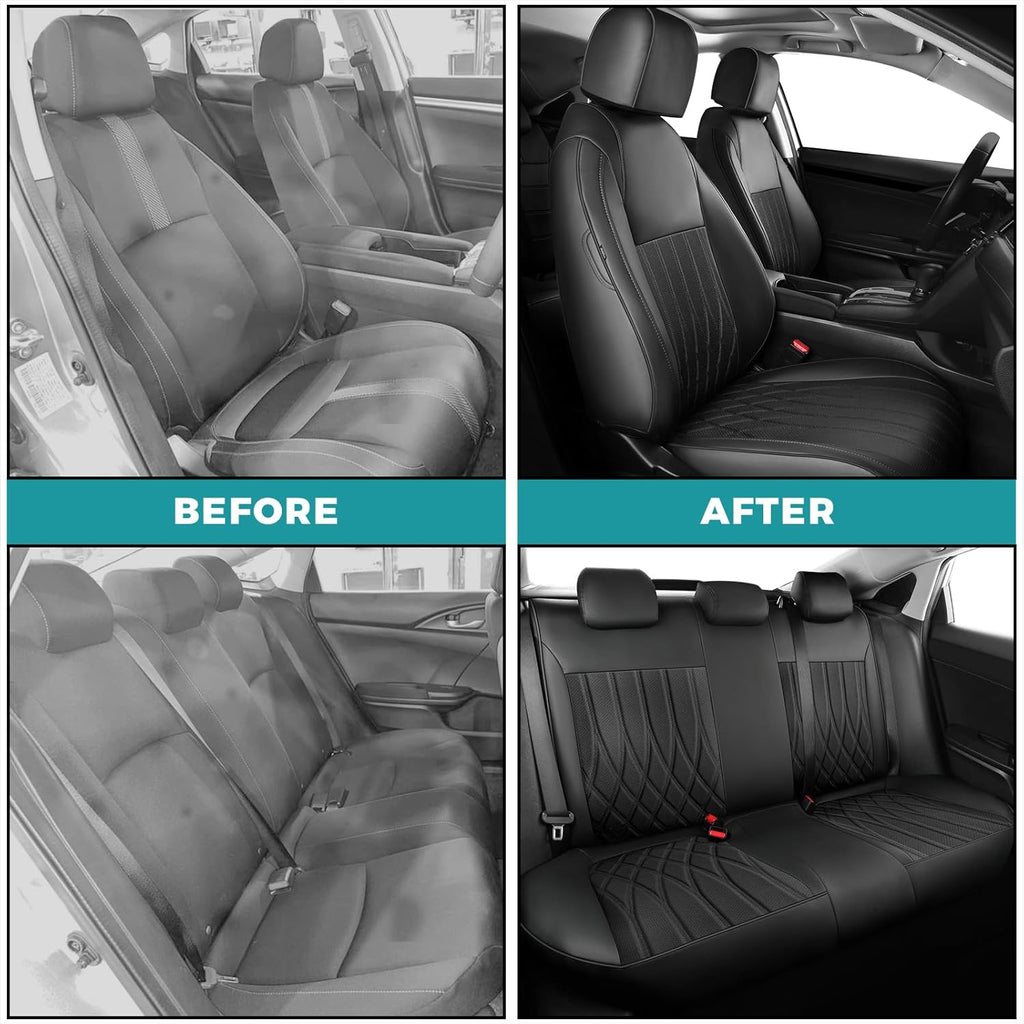 Seat Covers for Honda Civic Sedan LX 2016 2017 2018 2019 2020 2021, Faux Leather Car Seats Cover Full Set (Rear Row Solid & No Folding Backrest)-Black