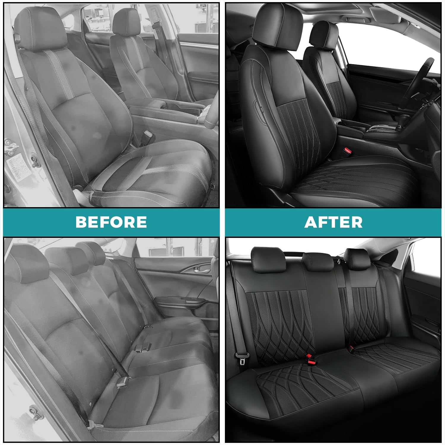 Seat Covers for Honda Civic Sedan LX 2016 2017 2018 2019 2020 2021, Faux Leather Car Seats Cover Full Set (Rear Row Solid & No Folding Backrest)-Black