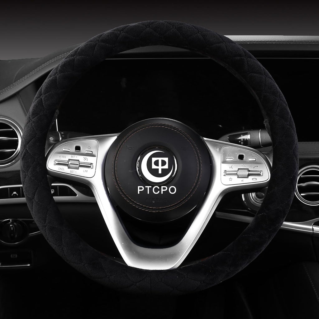 Soft Car Steering Wheel Cover for Sedan, SUV, Warm Luxury Velvet, Odorless, Universal, Anti Slip, Summer Winter, Black, Standard Size[14" 1/2-15"](37-38cm)