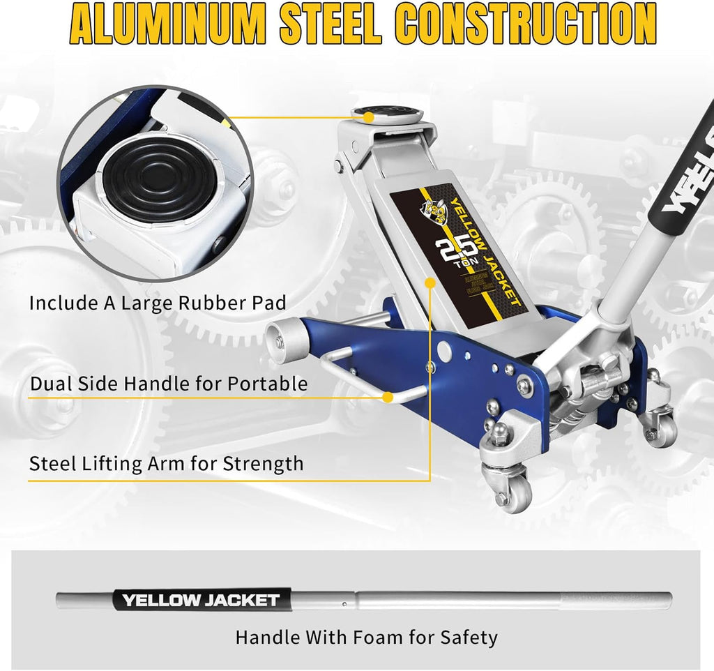 YELLOW JACKET Floor Jack 2.5 Ton Hydraulic Low Profile Aluminum and Steel Racing Car Jack with Fast Lifting Dual Pump, 5500 lbs Capacity