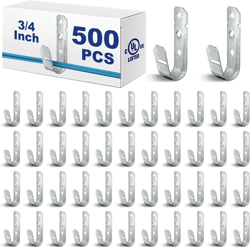 Gisafai 500 Pcs Cable Support J-Hook, 3/4 Inch Metal Garage Hooks for Hanging, Heavy Duty Network for Cable and Wire Management Wall Attaching J Utility, G60 Galvanized Steel, Silver