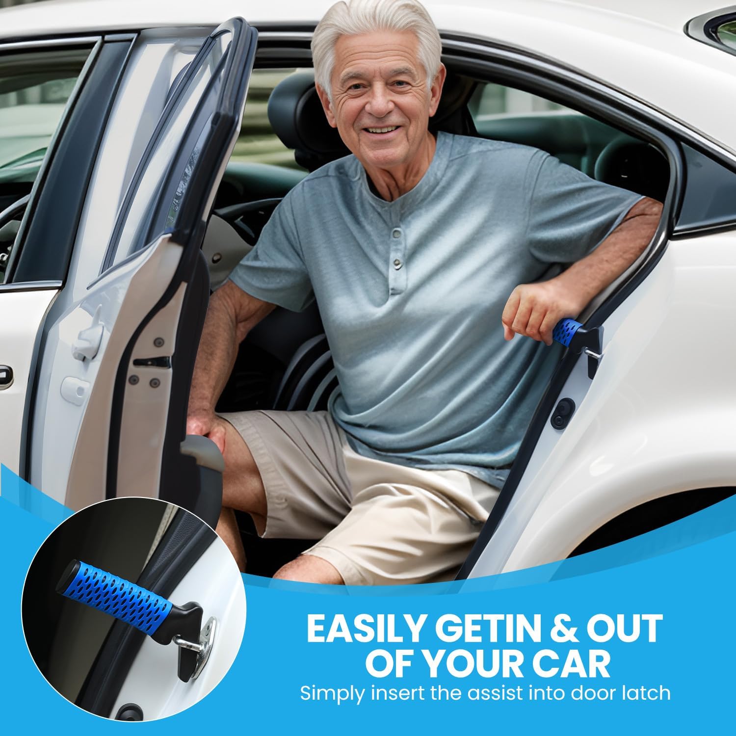 Car Door Handle for Elderly, Car Handle Assist Support, Portable Elderly Assistance Mobility Aids Auto Grab Cane with Strap for Seniors and Handicapped Getting Out of Car, Blue, 2 Pack