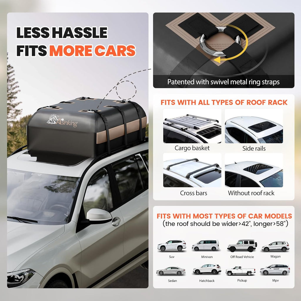 Asinking Car Rooftop Cargo Carrier Bag, 22 Cubic Feet Waterproof Roof Cargo Bag, 500Lbs Break Strength, Fit Vehicles with/Without Roof Rack, Includes Anti-Slip Mat, 6 Door Hooks, Luggage Lock