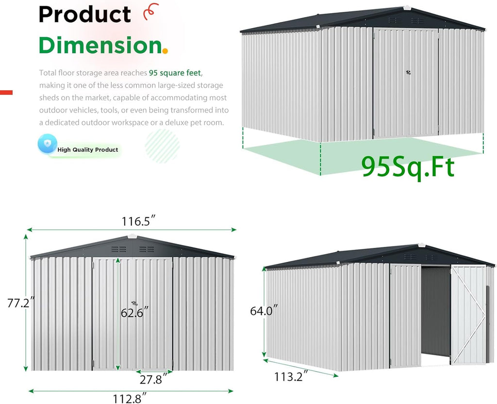 U-MAX 10' x 10' Shed Outdoor Storage Shed Clearance, Large Metal Garden Shed Yard Steel Shed with Design of Lockable Doors, Tool and Utility Storage for Backyard, Garden, Patio, Outside use White