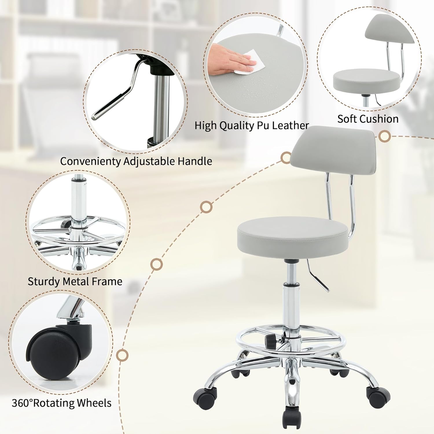 Rolling Massage Chair, Height Adjustable Salon Stool with Wheels 19.5’’-26.6’’, Gray Guitar Stool (Gray)