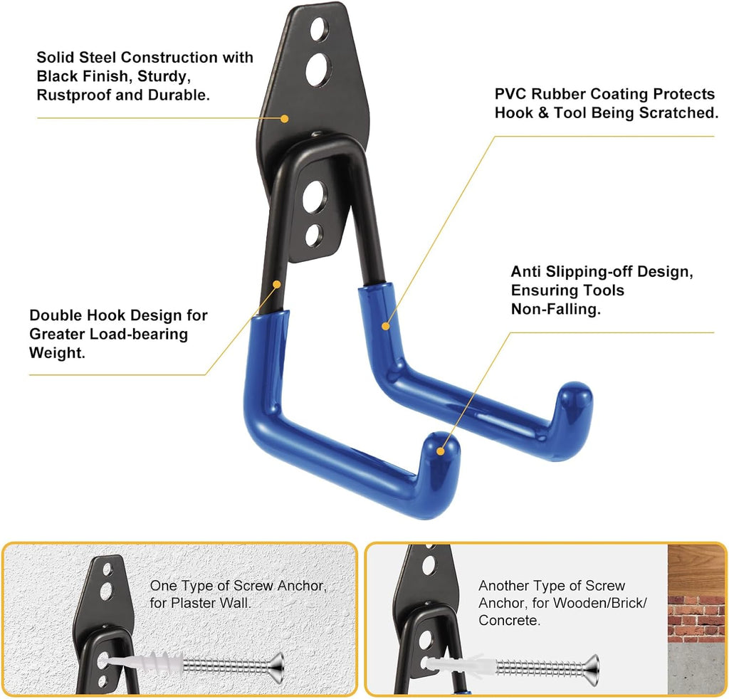 Garage Hook Heavy Duty Wall Storage Hangers, 18 Pack Garage Storage Hooks Steel Tool Blue for Ladders, Ropes, Garden Tools