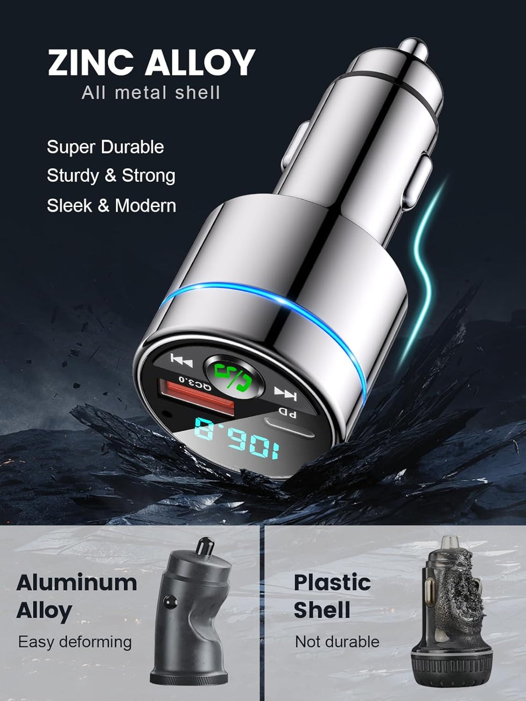 FM Transmitter for Bluetooth 5.3, [All-Metal] PD 30W & QC3.0 18W Fast Car Charger, Wireless FM Radio Kit Bluetooth Car Adapter, Noise Cancelling Hands-Free Call, Blue Light - Silver