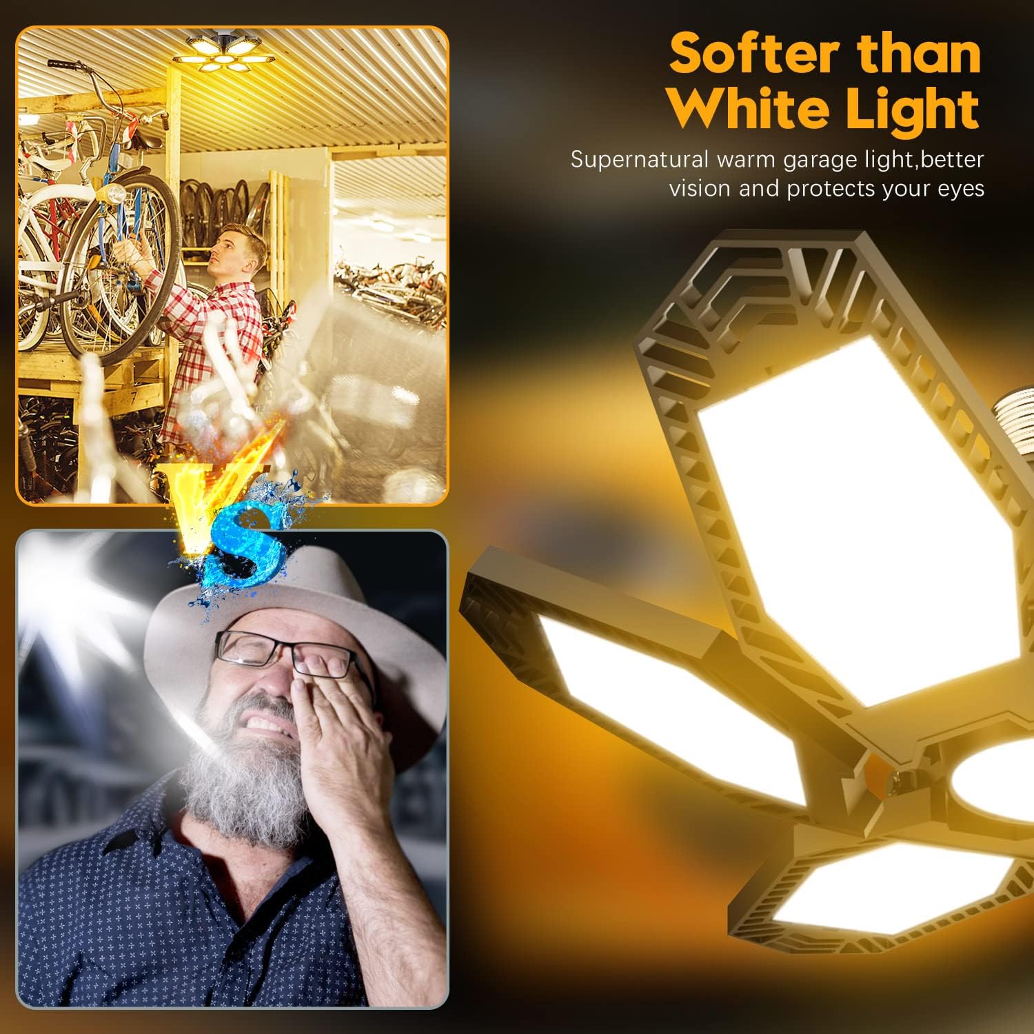 TANBABY 2 Pack Garage Light Warm 150W Led 3000k Garage Lighting 12000LM [Equivalent] Deformable Garage Light Ceiling with 6 Panels E26/E27 Base Illuminator 360 Basement Lights for Shop