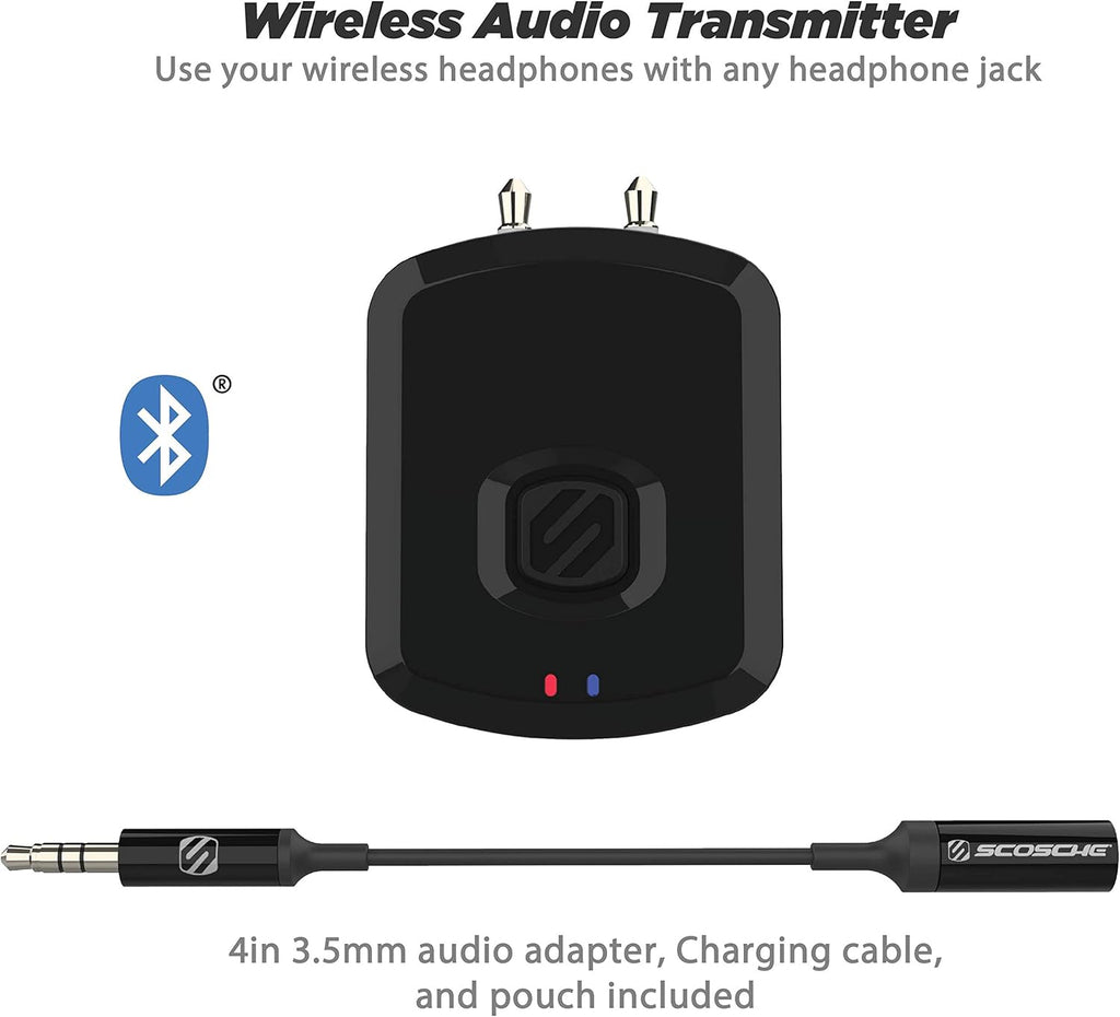 Scosche BTT-SP FlyTunes Universal Portable Bluetooth 4.1 Wireless Audio Transmitter for Use with AirPods, Earbuds/Headphones, TV’s and More - Black