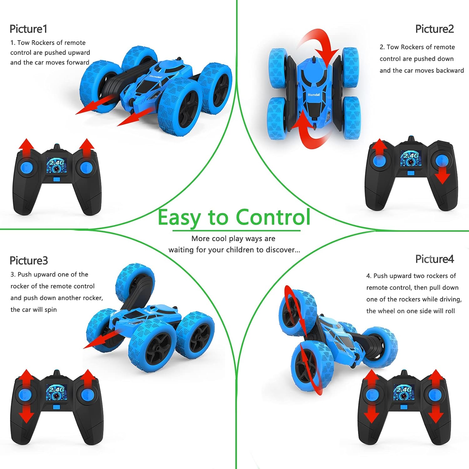 Remote Control Car Double Sided 360°Rotating 4WD RC Cars with Headlights 2.4GHz Electric Race Stunt Toy Car Rechargeable Toy Cars for Boys Girls Birthday (Blue)