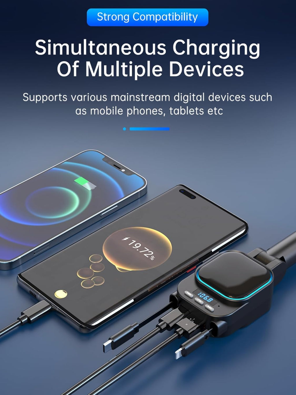 Retractable Car Charger 96W with Bluetooth Car Adapter, 4 in 1 Fast Charging, Radio Bluetooth 5.3 FM Transmitter, Handsfree Calling, USB C Phone car Charger Adapter for iPhone 16 15 14 13 12