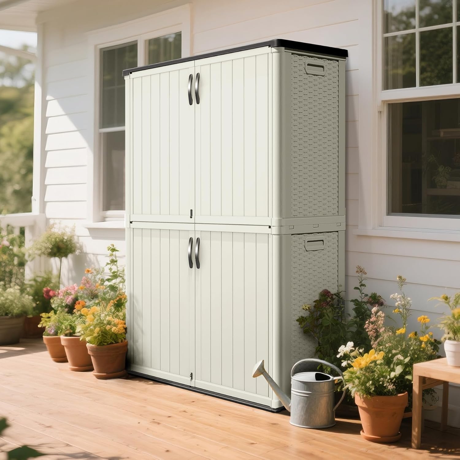 Greesum Outdoor Storage Shed Without Divider, 45 cu.ft Outdoor Waterproof Storage Cabinet for Garden Tools, Pool Storage, Garbage Cans, Beige