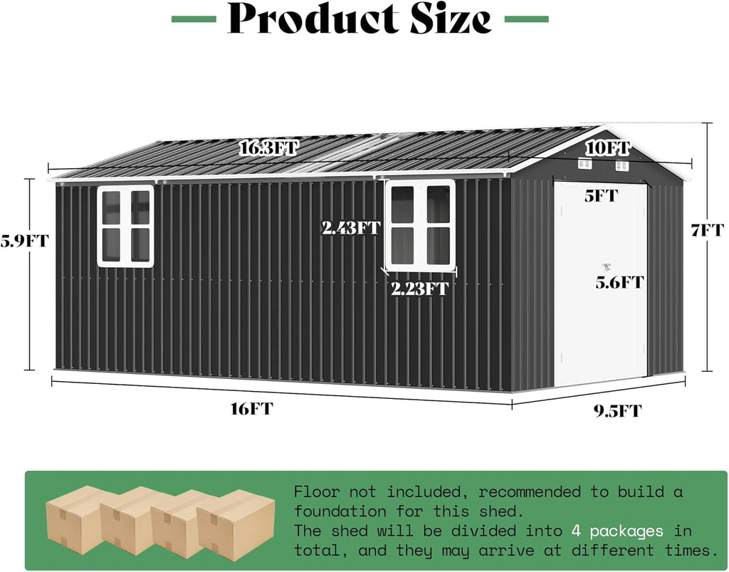 AMERLIFE 10x16.3x7 FT Galvanized Steel Storage Shed with Dual Transparent Panels, 4 4-Pane Windows & Hinged Double Doors, Outdoor Shed for Backyard, Garden, Patio, Dark Grey/White