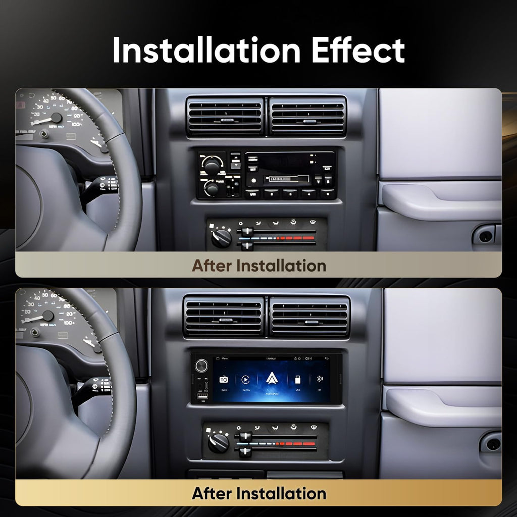 6.36" Single DIN Car Stereo - Wireless CarPlay & Android Auto | Linux System HD IPS Touchscreen Radio | Bluetooth 5.0 | USB-C/USB/FM/AM | EQ Controls | Microphone Included