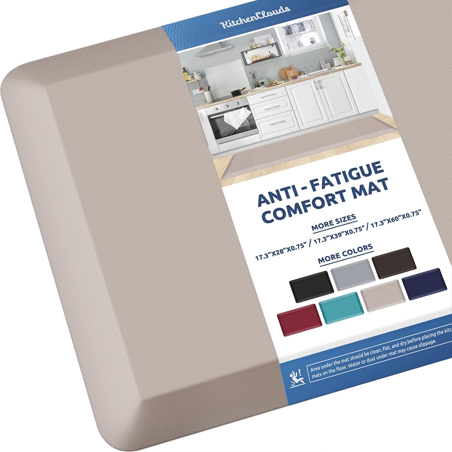 KitchenClouds Kitchen Mat Cushioned Anti Fatigue Kitchen Rug 0.8inch Waterproof Non Slip Kitchen Rugs and Mats Standing Desk Mat Comfort Floor Mats for Kitchen Sink Office (17.3"x60",Khaki)