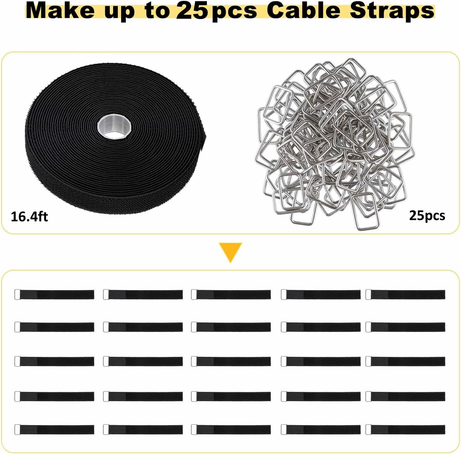1"x16ft Hook and Loop Straps with 25 Metal Buckles, Adjustable Fastening Cable Straps, Cut-to-Length Cinch Strap, Reusable Nylon Securing Cord Ties for Organizer or Storage, 1 inch Wide, Black