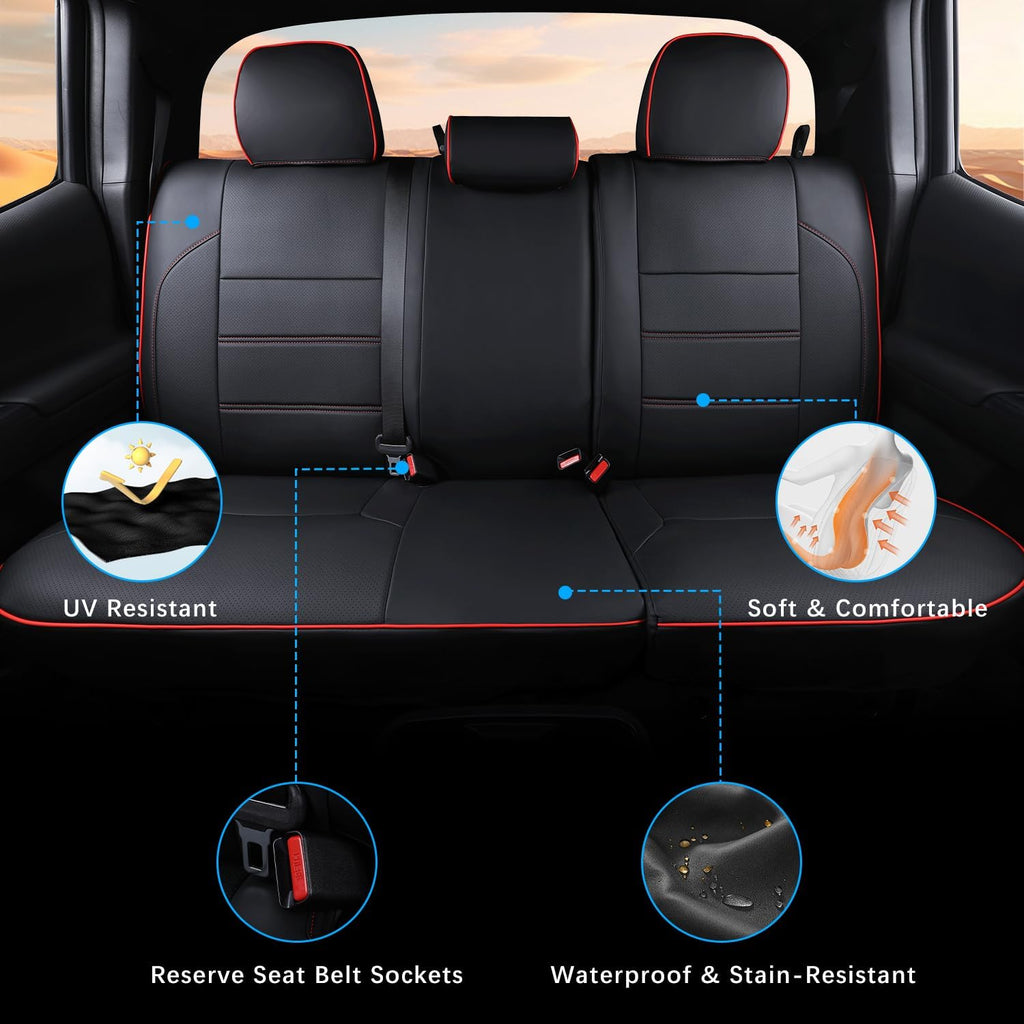 Car Seat Covers Full Set for Toyota Tacoma Double & Crew Cab 2023 2022 2021 2020 2019 2018 2017 2016 Tacoma Interior Accessories Premium Faux Leather Breathable Waterproof (Black+Red Line)
