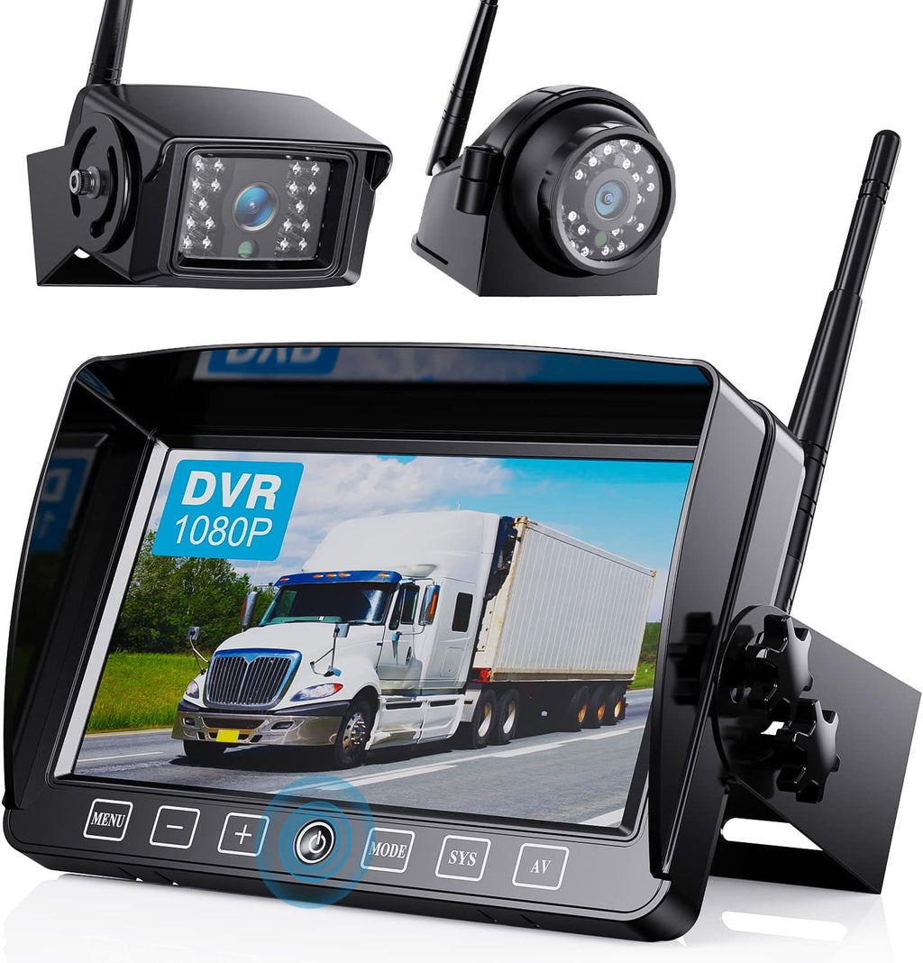 Wireless Backup Camera System with 7-Inch DVR Dual/Quad Split Touch Monitor, IP69 Waterproof HD 1080P Wireless 2 Rear View Side View Camera for RV Trailer Truck 5th Wheel,BW702