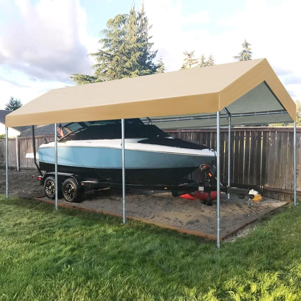 Carport Replacement Canopy Cover for Car Tent Top Garage Shelter Cover Tarp with Ball Bungees (Only Top Cover, Frame Not Include) (Beige 10’ x 20‘)