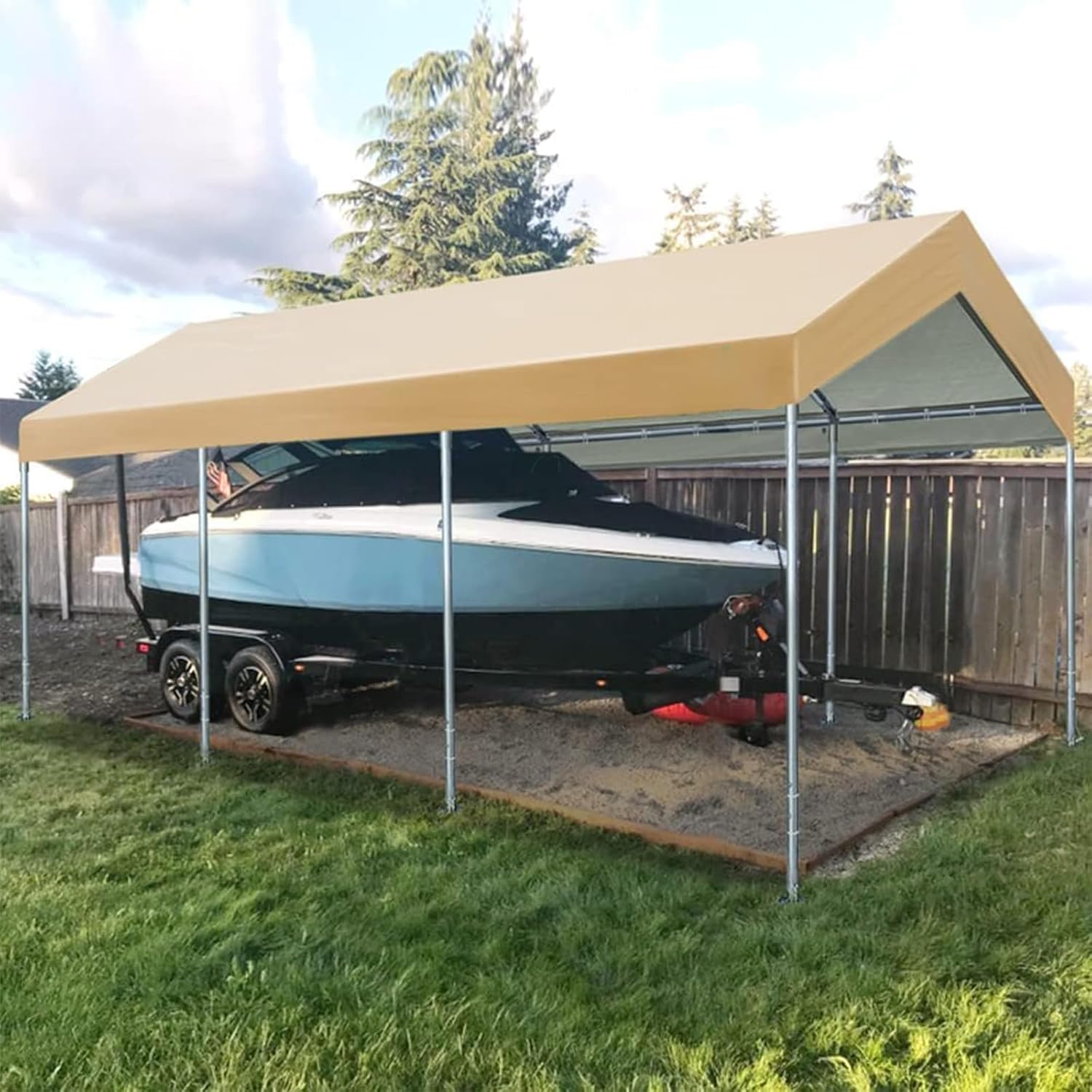 Carport Replacement Canopy Cover for Car Tent Top Garage Shelter Cover Tarp with Ball Bungees (Only Top Cover, Frame Not Include) (Beige 10’ x 20‘)